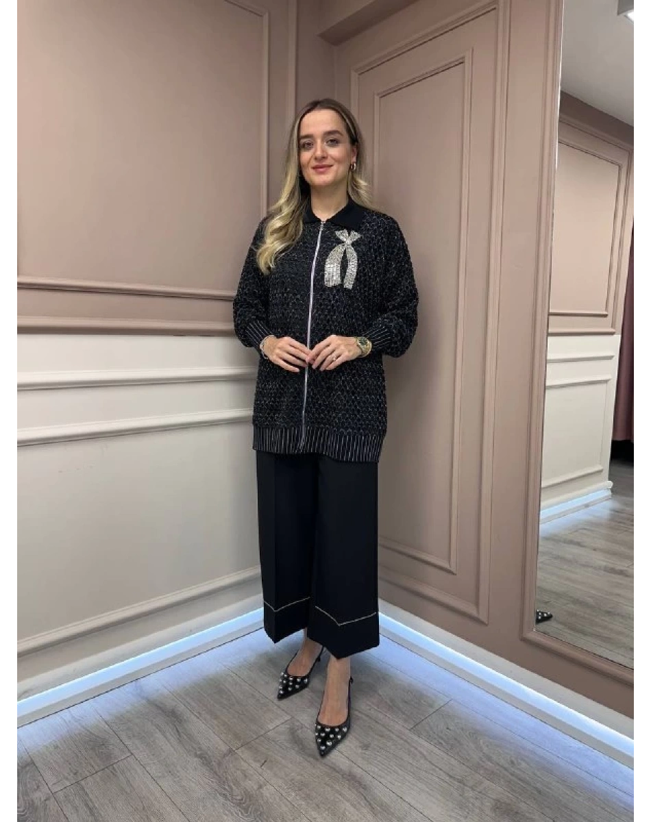 Ghisa 26KÖRHRK3223 Siyah Yaka Detaylı File Hırka