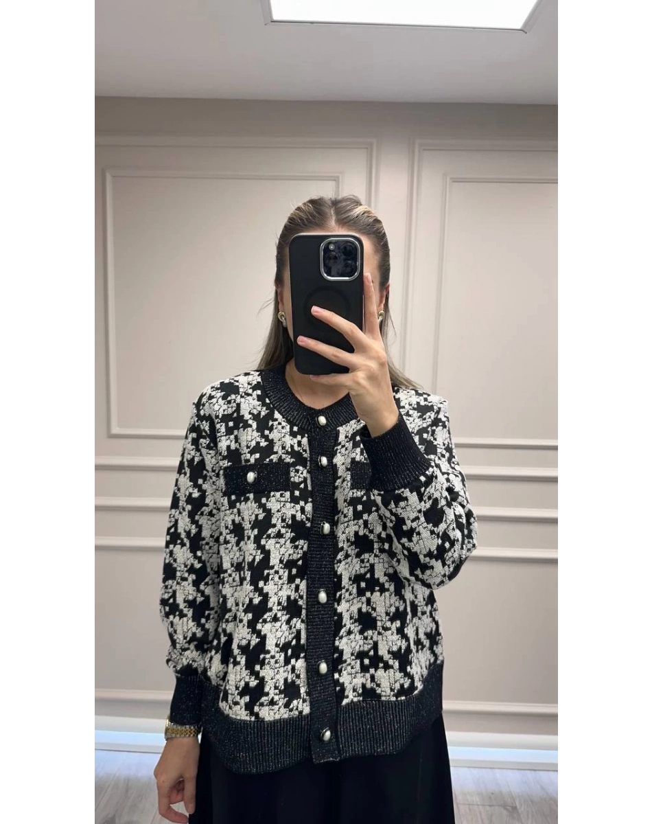 Ghisa 26KÖRHRK3233 Siyah Kazayağı Desenli Hırka