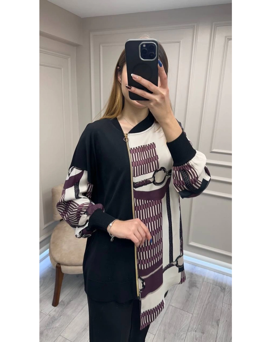 Ghisa 26KÖRTNK4149 Mürdüm Bej Önü Fermuar Detaylı Tunik