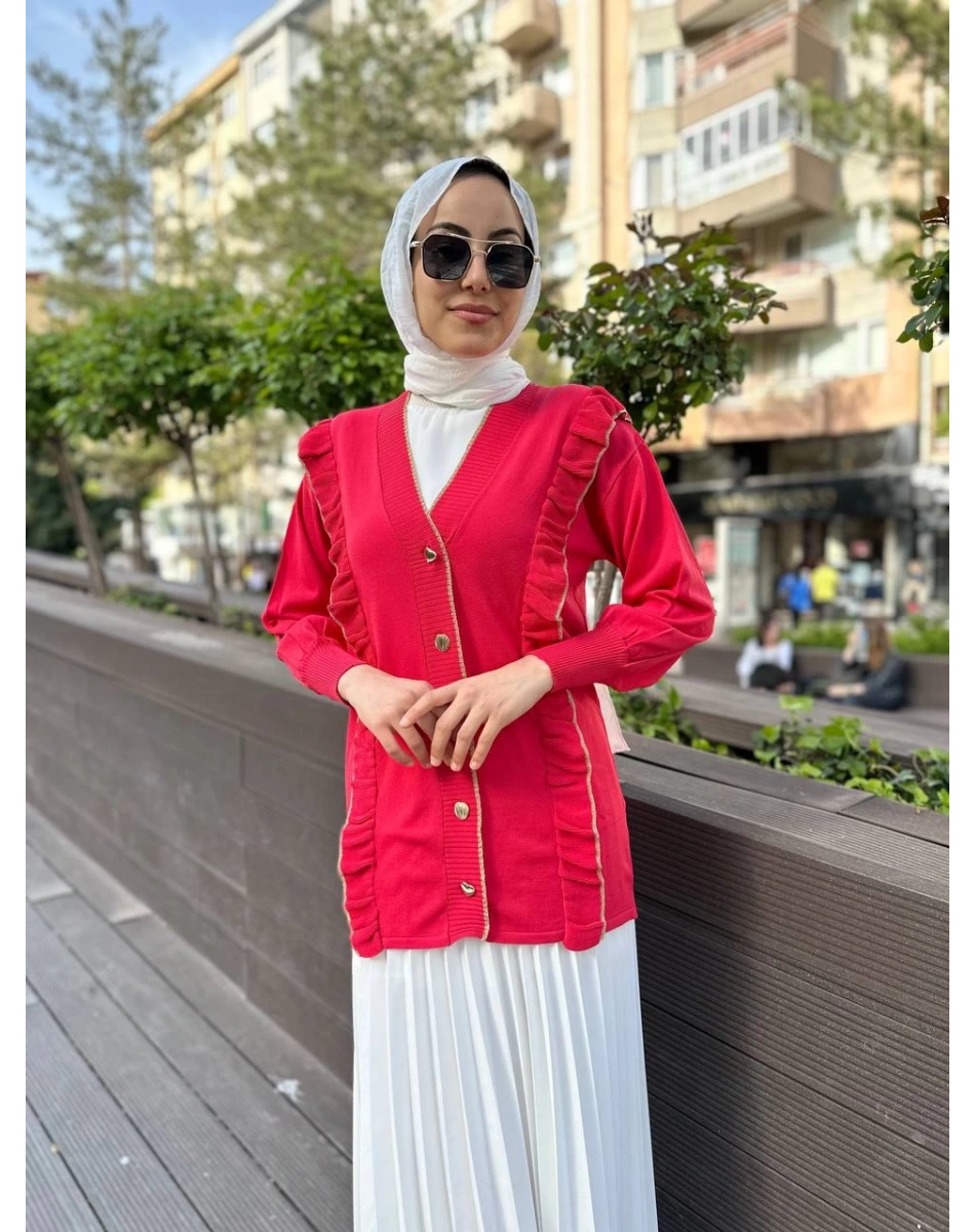 Ghisa 4KOBHRK3567 Coral Triko Fırfırlı Hırka