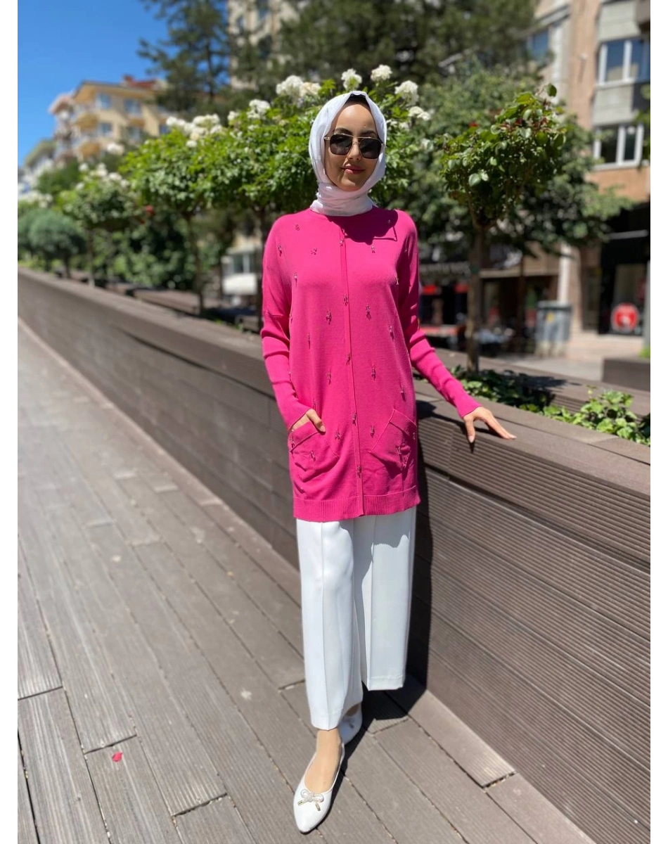 Ghisa 4YOBTNK4227 Fuşya Damla Taş Detaylı Tunik