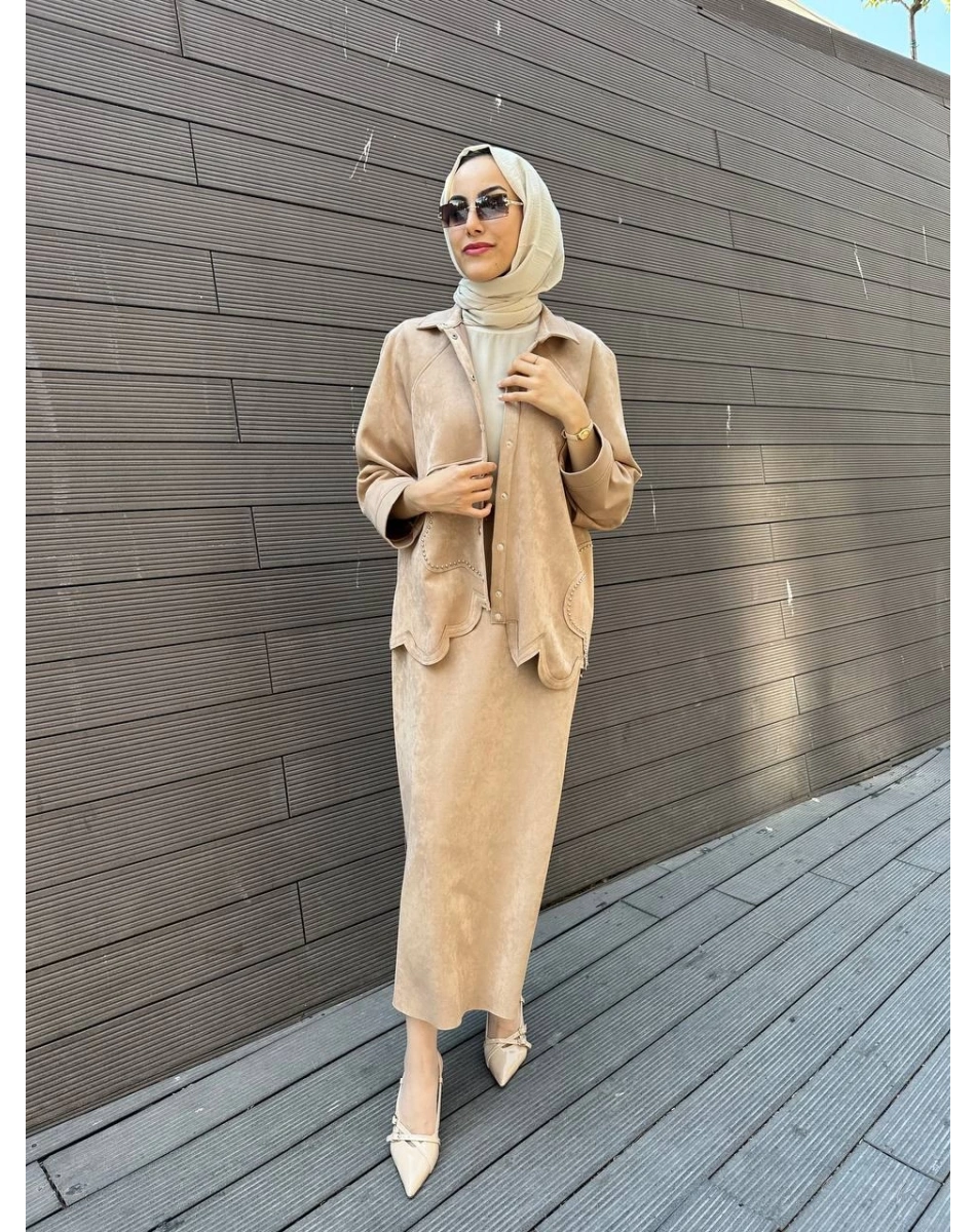 Ghisa 5KGSTKM3917 Camel Süet Etekli İkili Takım