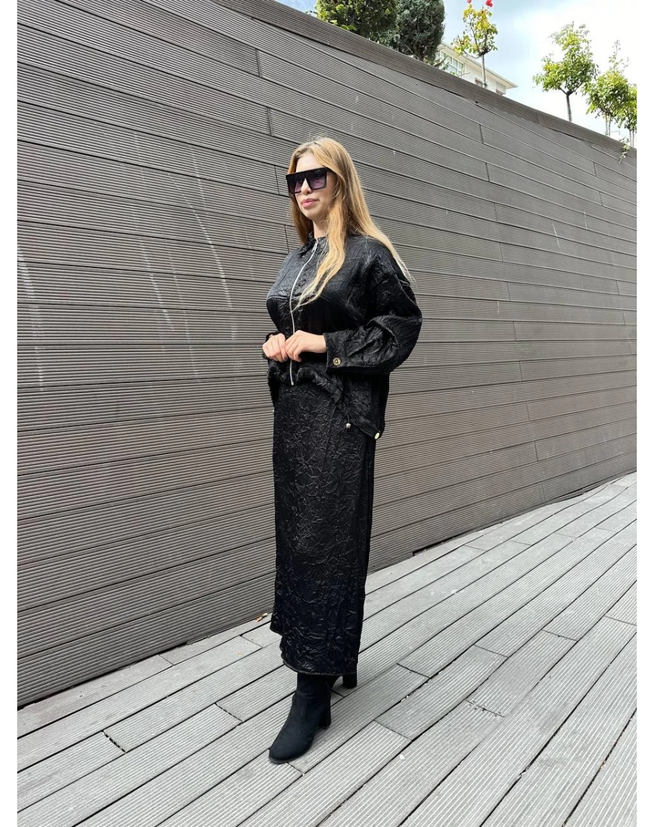 Ghisa 5KGSTKM3937 Siyah Akıcı Kırışık Kumaş Etekli Takım