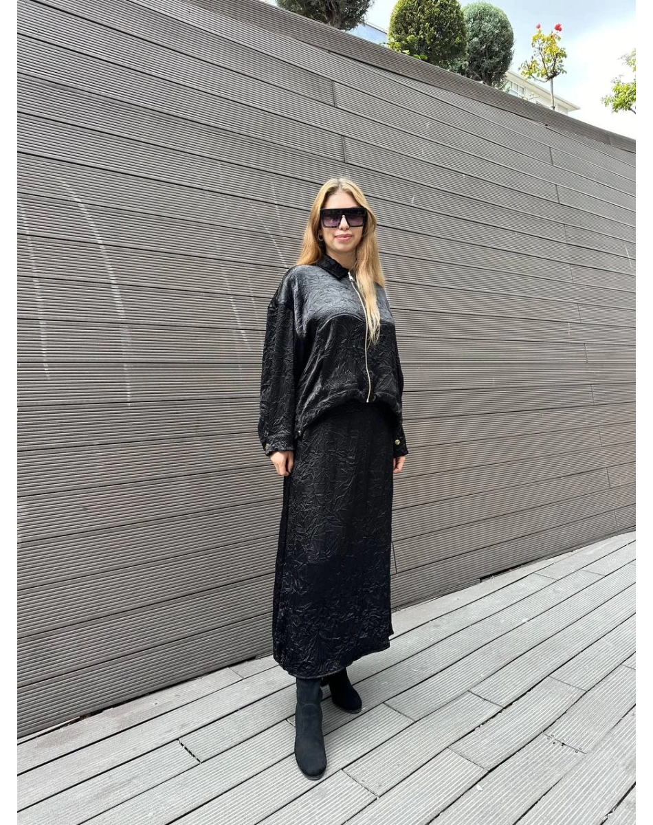 Ghisa 5KGSTKM3937 Siyah Akıcı Kırışık Kumaş Etekli Takım