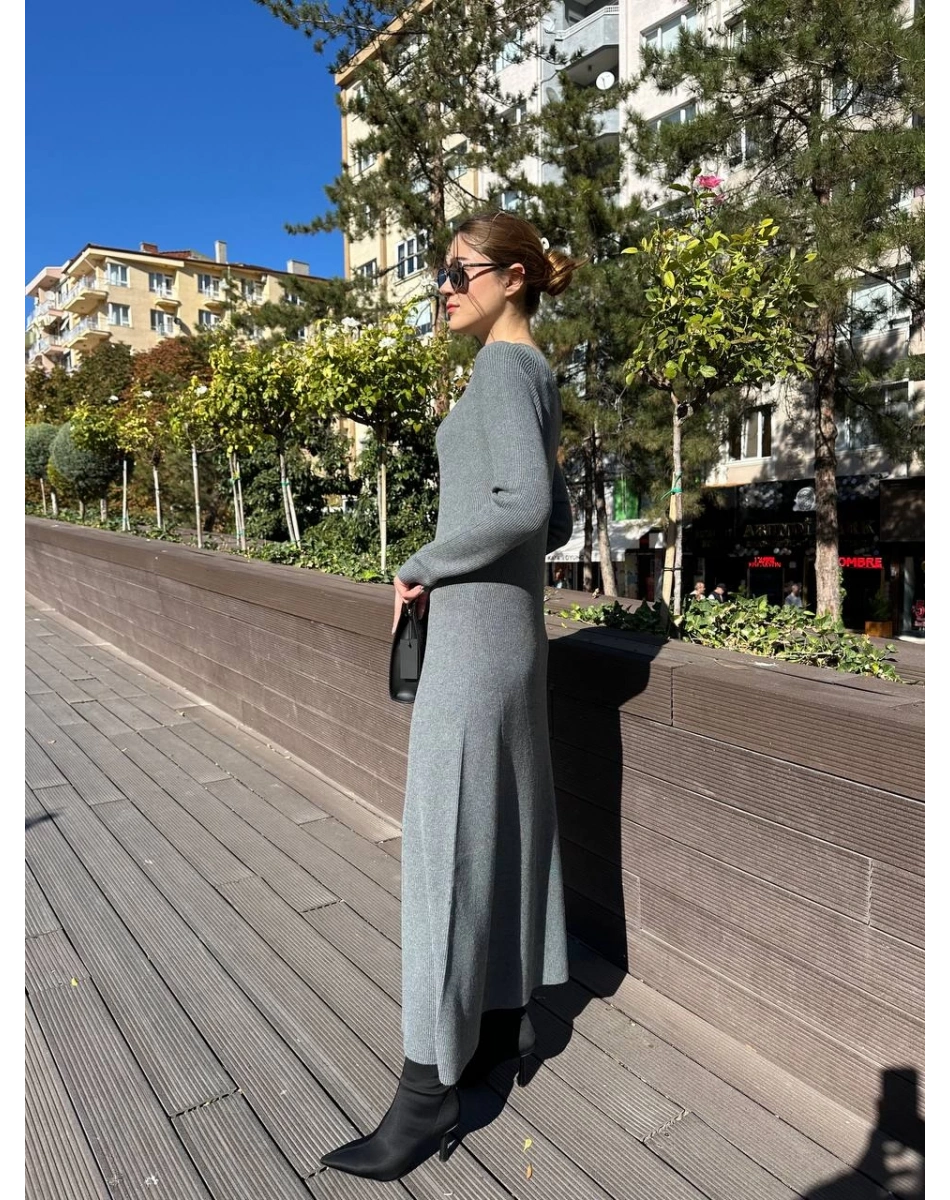 Ghisa 5KKNELB4655 Gri Düğme Detaylı Triko Elbise