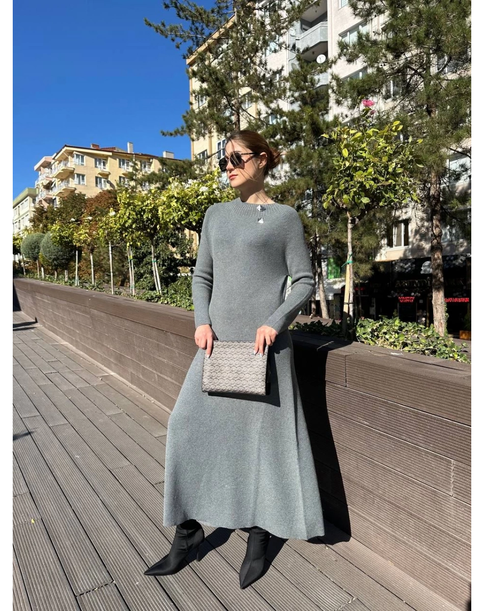 Ghisa 5KKNELB4655 Gri Düğme Detaylı Triko Elbise