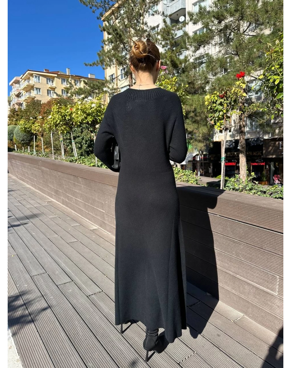 Ghisa 5KKNELB4655 Siyah Düğme Detaylı Triko Elbise