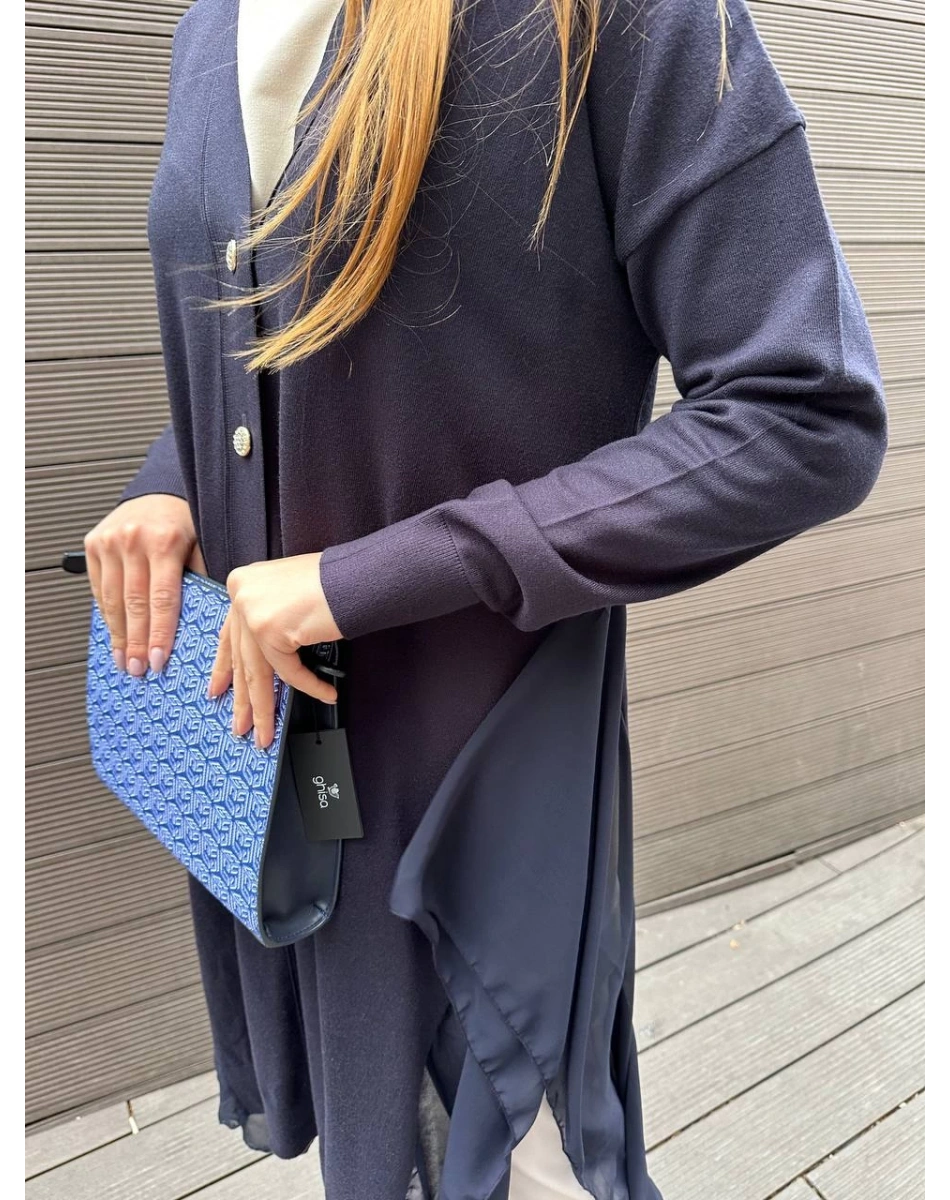 Ghisa 5KOBHRK3669 Lacivert Şifon Kumaş Detaylı Uzun Hırka