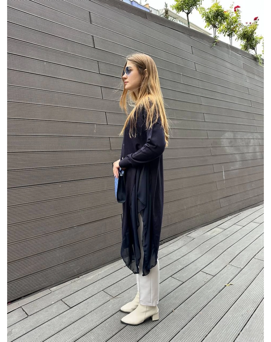 Ghisa 5KOBHRK3669 Lacivert Şifon Kumaş Detaylı Uzun Hırka