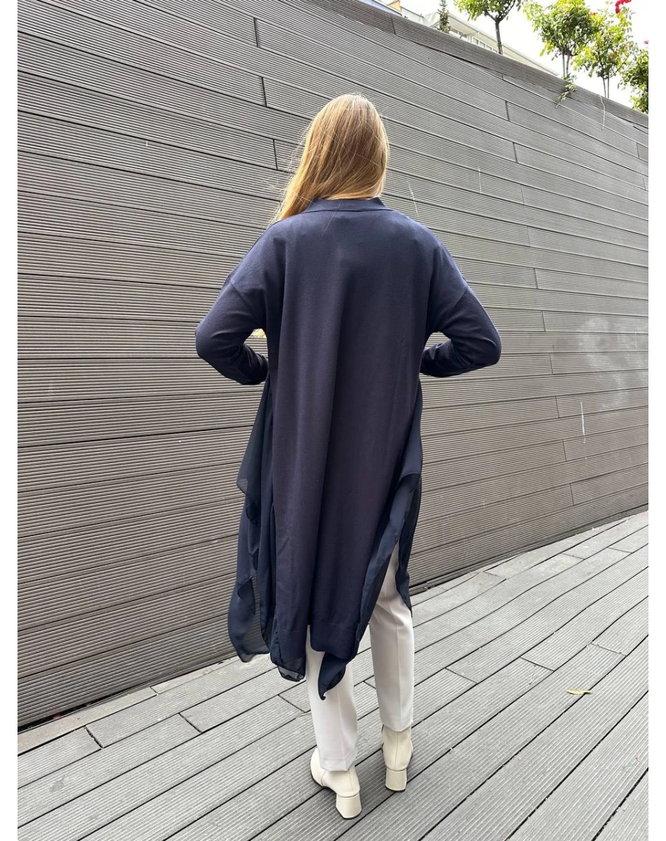 Ghisa 5KOBHRK3669 Lacivert Şifon Kumaş Detaylı Uzun Hırka