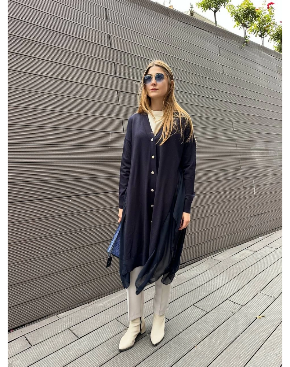 Ghisa 5KOBHRK3669 Lacivert Şifon Kumaş Detaylı Uzun Hırka