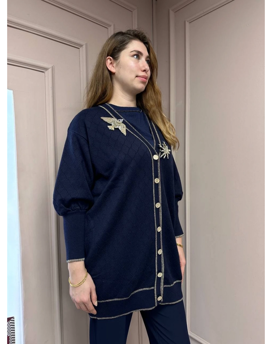 Ghisa 5KOBHRK3698 Lacivert Broş Detaylı Hırka