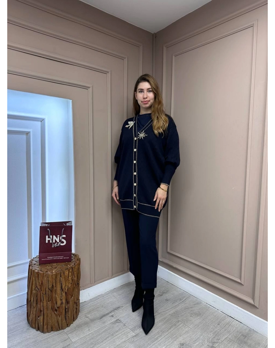 Ghisa 5KOBHRK3698 Lacivert Broş Detaylı Hırka