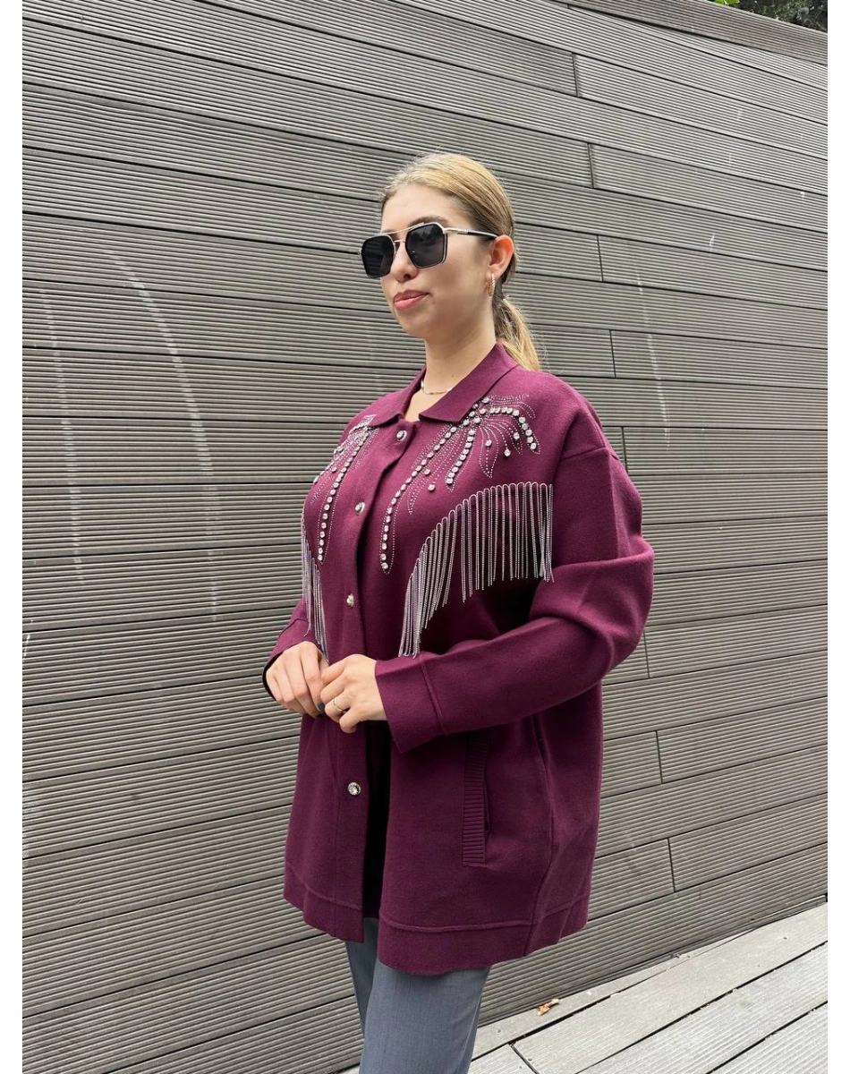 Ghisa 5KOBHRK3899 Bordo Taş Detaylı Triko Hırka