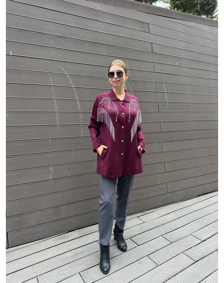 Ghisa 5KOBHRK3899 Bordo Taş Detaylı Triko Hırka