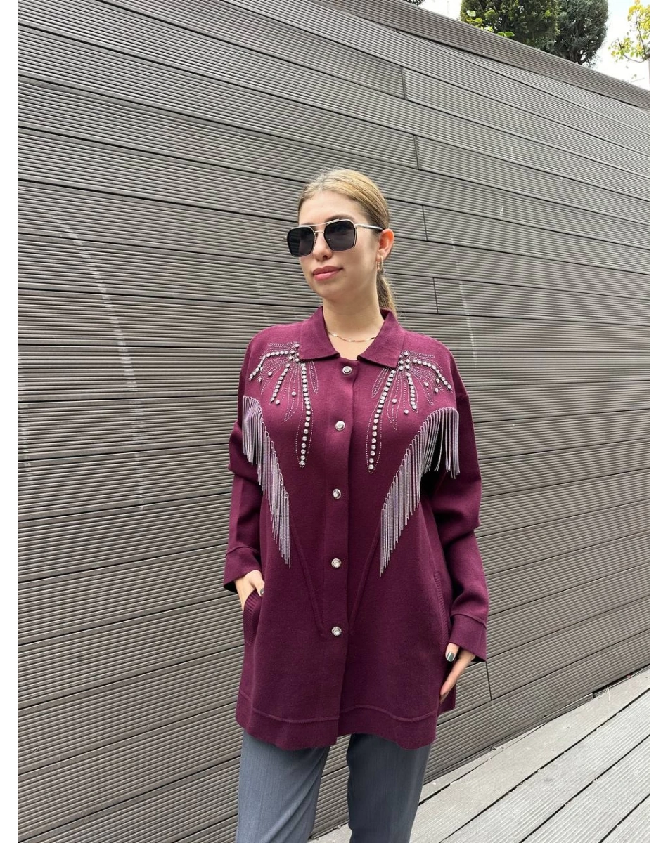 Ghisa 5KOBHRK3899 Bordo Taş Detaylı Triko Hırka