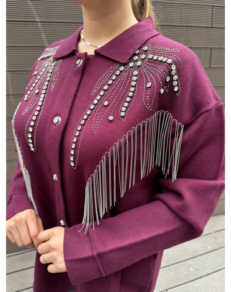 Ghisa 5KOBHRK3899 Bordo Taş Detaylı Triko Hırka