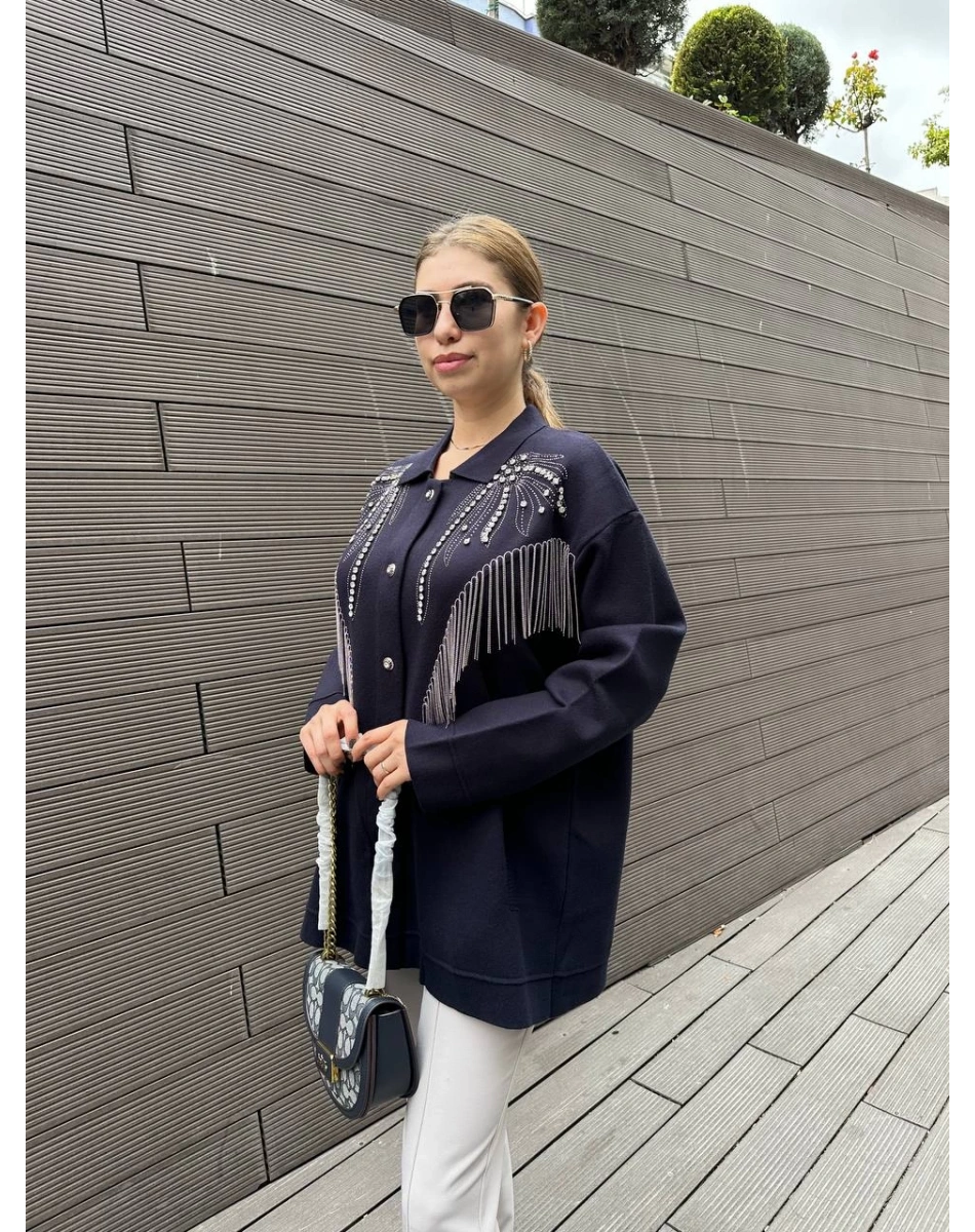 Ghisa 5KOBHRK3899 Lacivert Taş Detaylı Triko Hırka