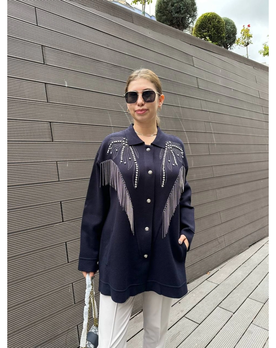 Ghisa 5KOBHRK3899 Lacivert Taş Detaylı Triko Hırka