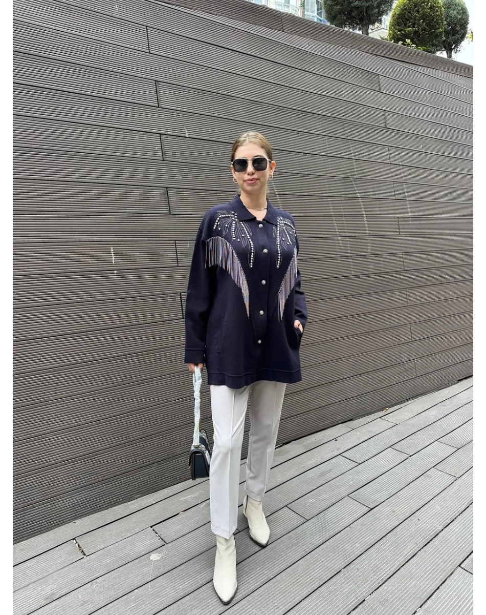 Ghisa 5KOBHRK3899 Lacivert Taş Detaylı Triko Hırka