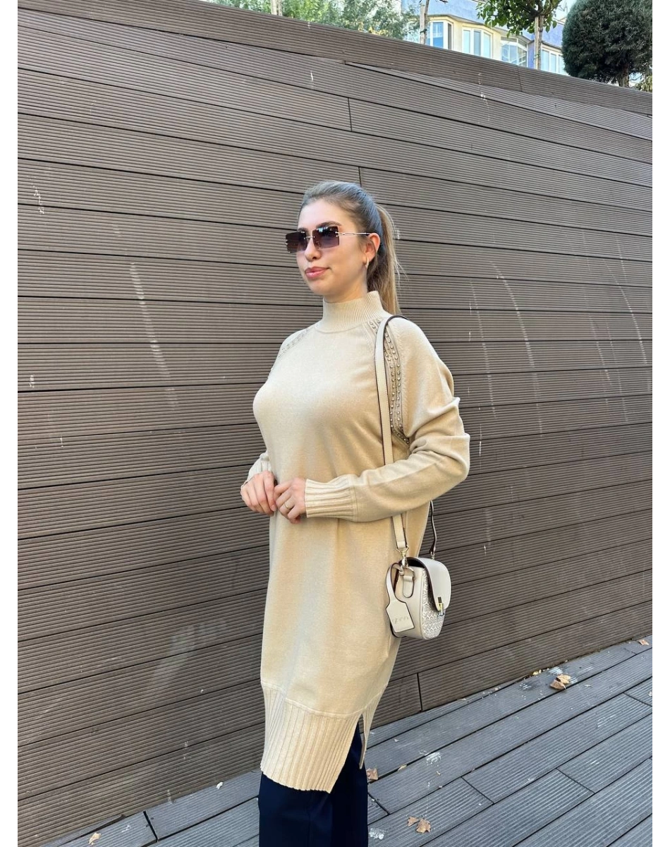 Ghisa 5KOBTNK4391 Camel Yakası Taşlı Triko Tunik