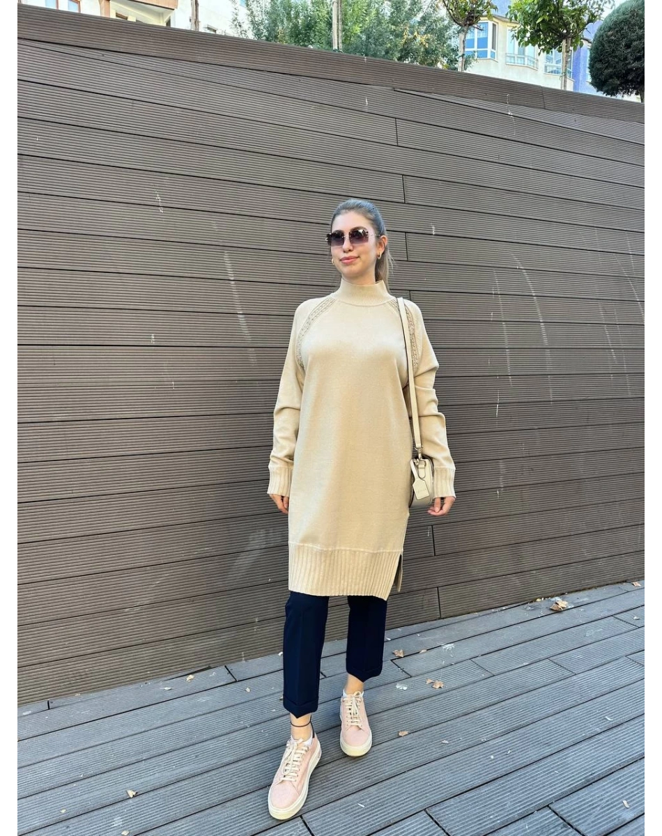 Ghisa 5KOBTNK4391 Camel Yakası Taşlı Triko Tunik