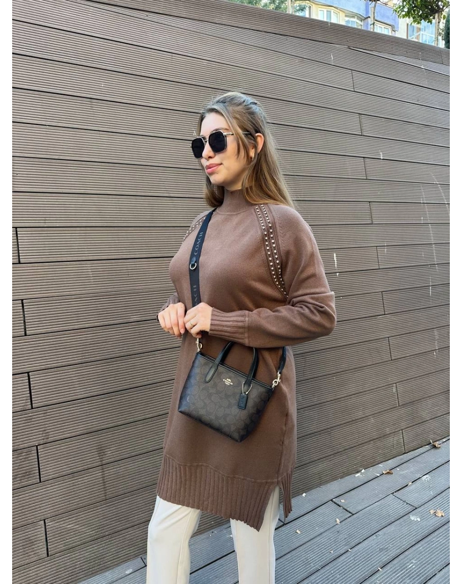 Ghisa 5KOBTNK4391 Kahve Yakası Taşlı Triko Tunik