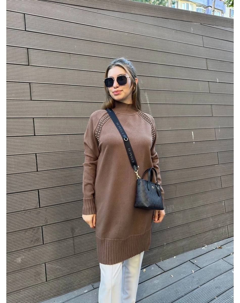 Ghisa 5KOBTNK4391 Kahve Yakası Taşlı Triko Tunik