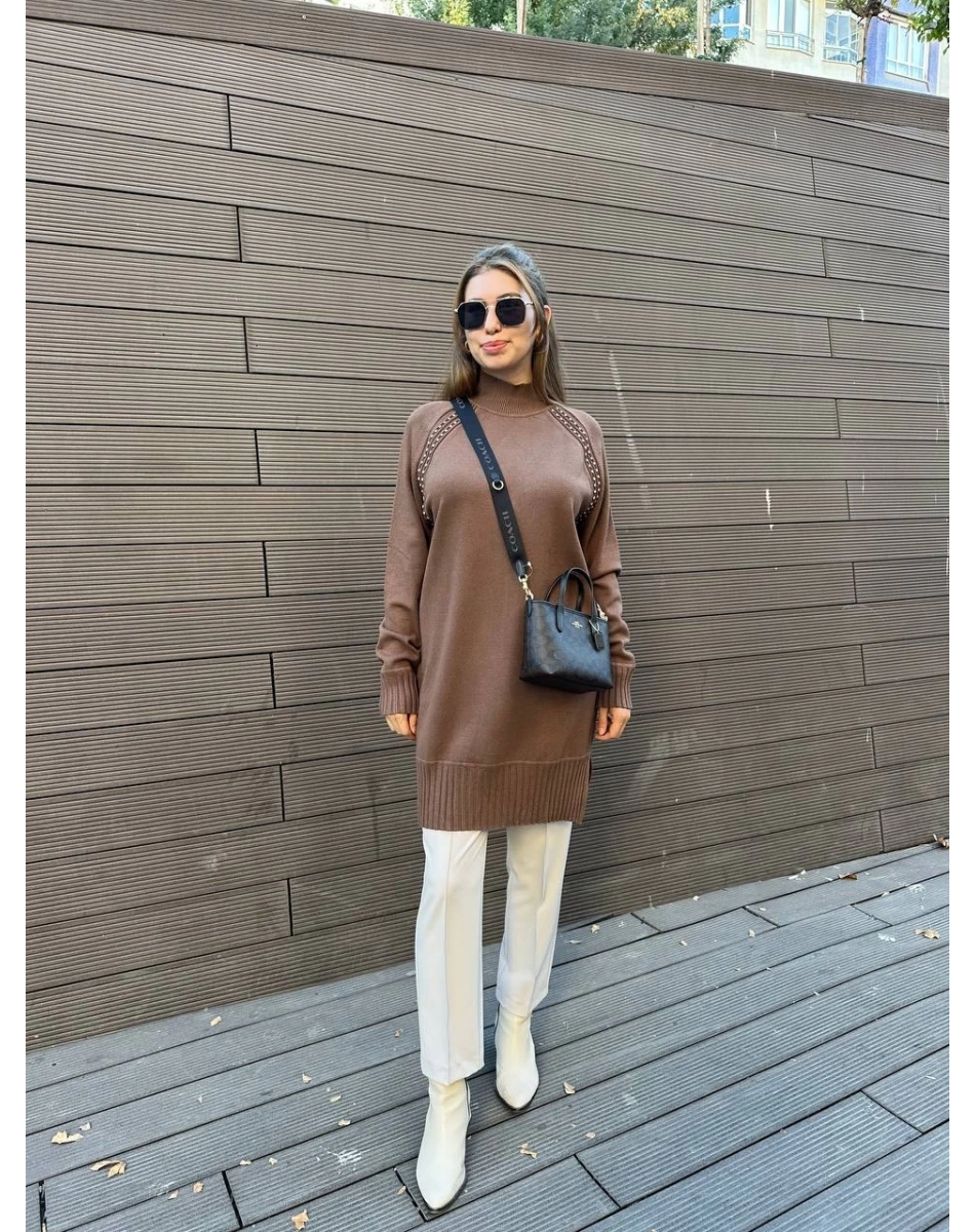 Ghisa 5KOBTNK4391 Kahve Yakası Taşlı Triko Tunik