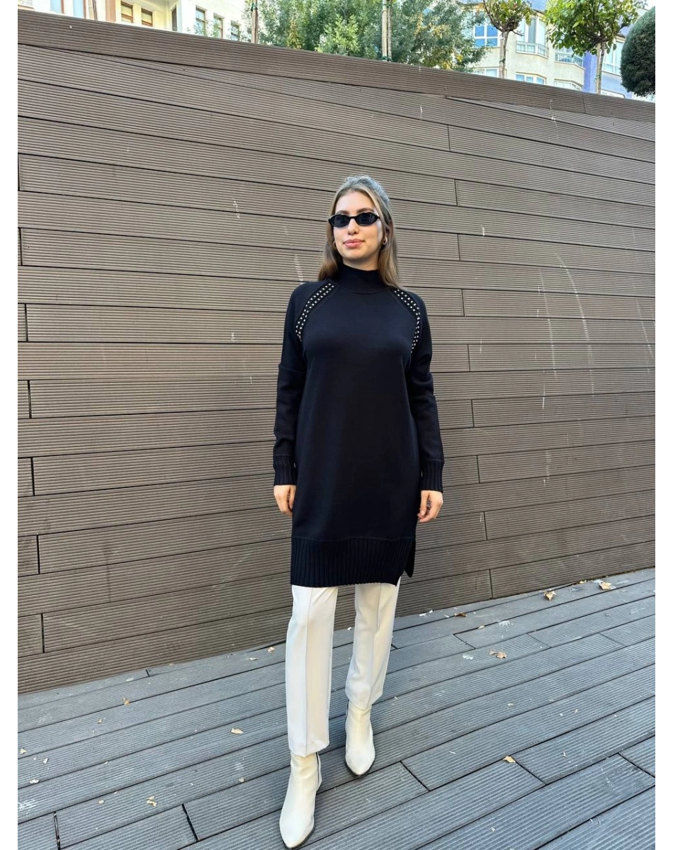 Ghisa 5KOBTNK4391 Siyah Yakası Taşlı Triko Tunik