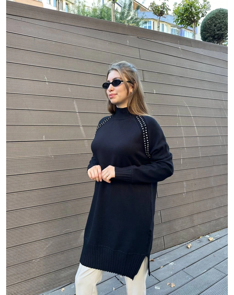 Ghisa 5KOBTNK4391 Siyah Yakası Taşlı Triko Tunik