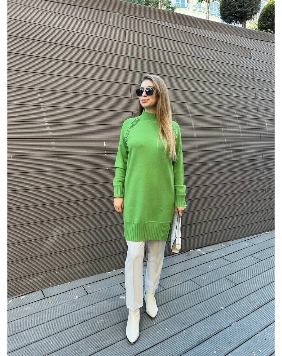 Ghisa 5KOBTNK4391 Yeşil Yakası Taşlı Triko Tunik