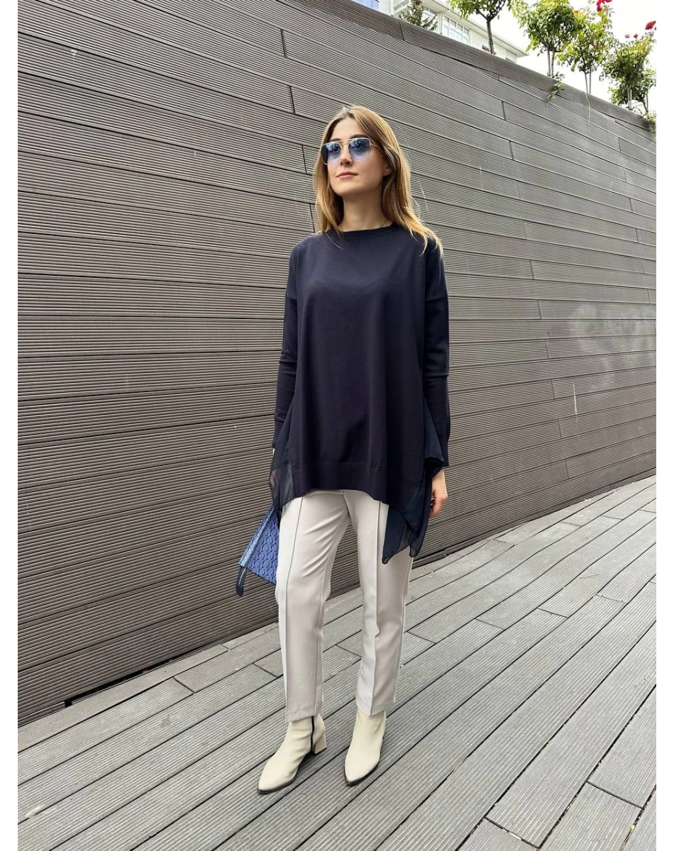 Ghisa 5KOBTNK4436 Lacivert Şifon Kumaş Detaylı Tunik