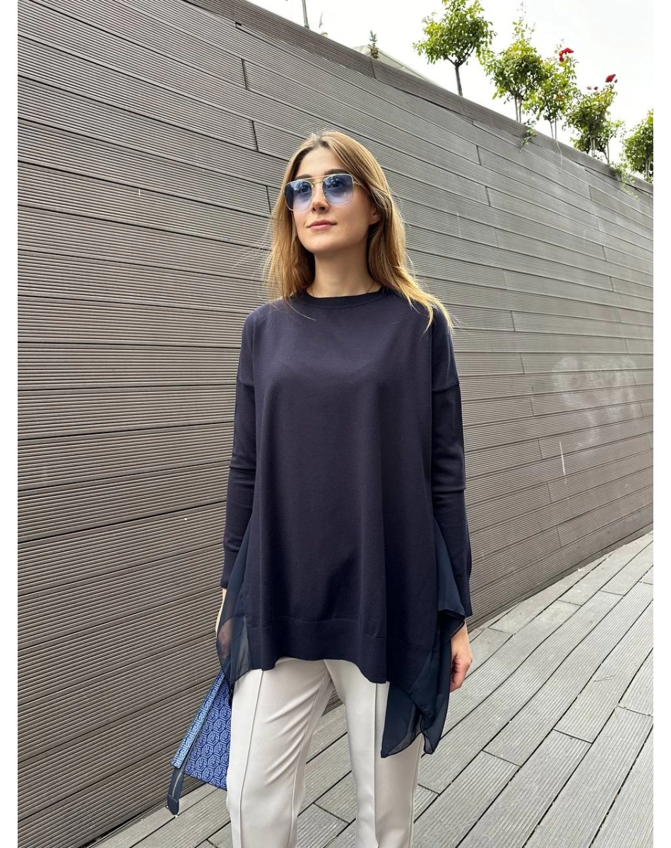 Ghisa 5KOBTNK4436 Lacivert Şifon Kumaş Detaylı Tunik