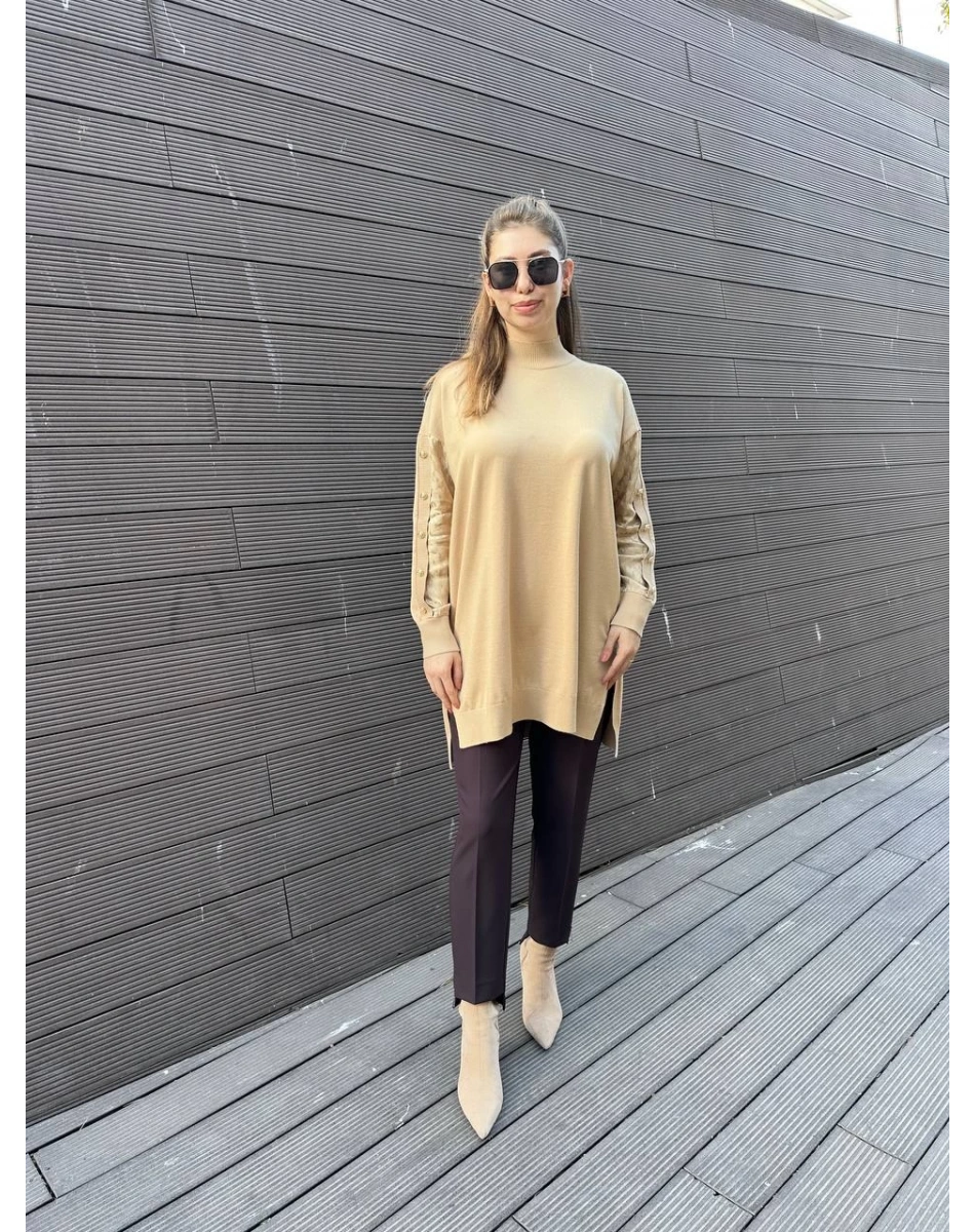 Ghisa 5KOBTNK4803 Camel Kol Detaylı Triko Tunik
