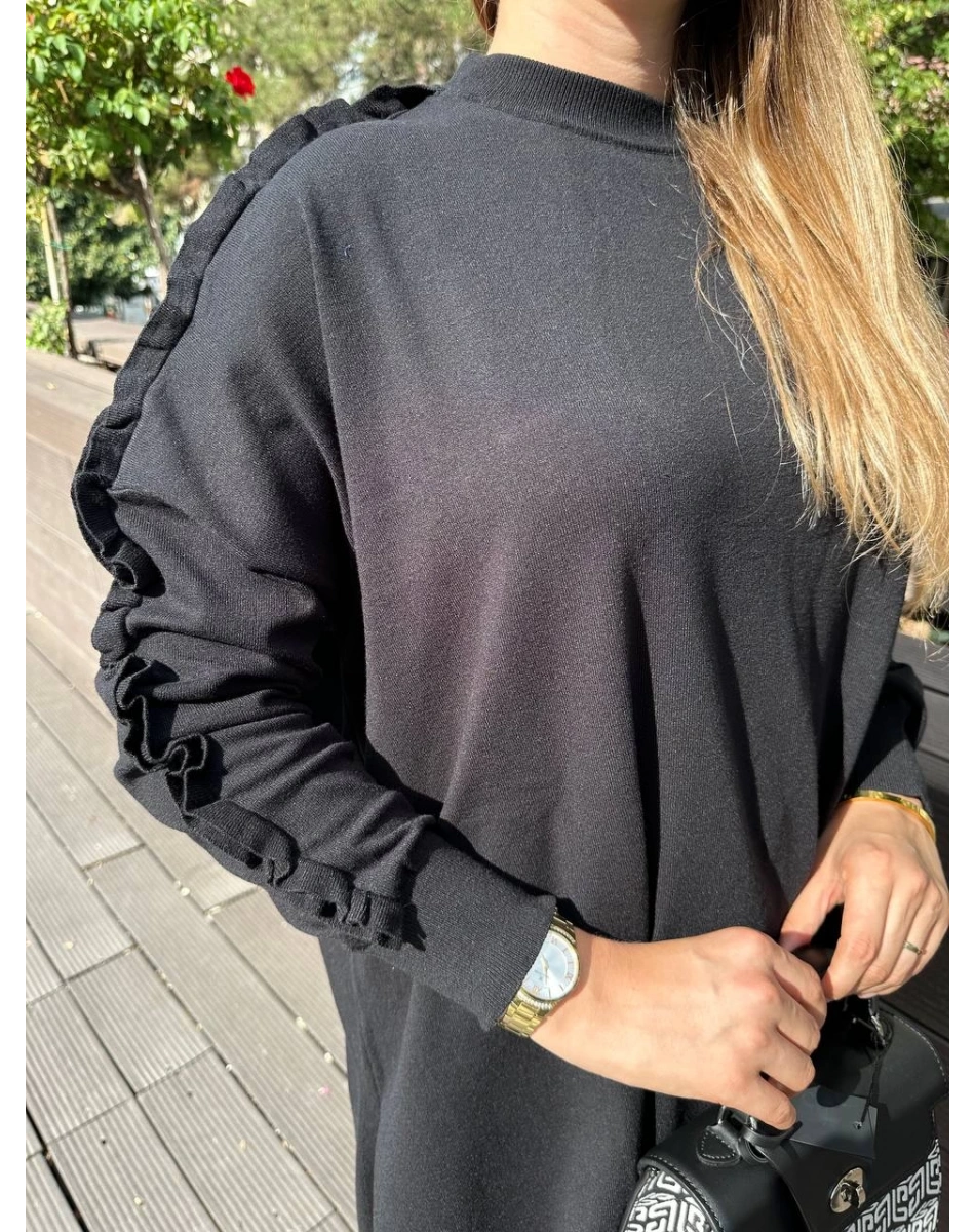 Ghisa 5KPİTNK4593 Siyah Kolu Fırfırlı Triko Tunik