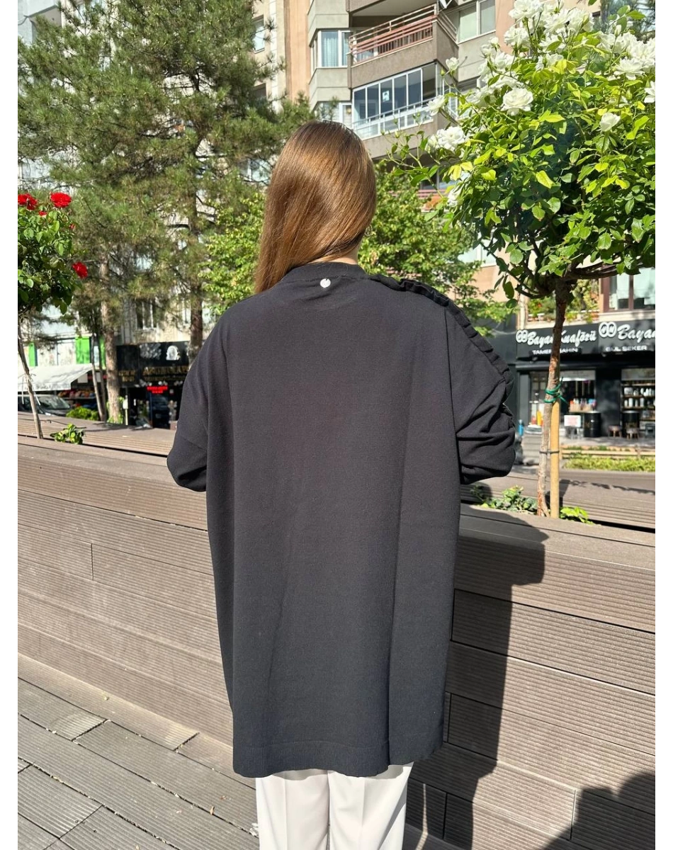 Ghisa 5KPİTNK4593 Siyah Kolu Fırfırlı Triko Tunik