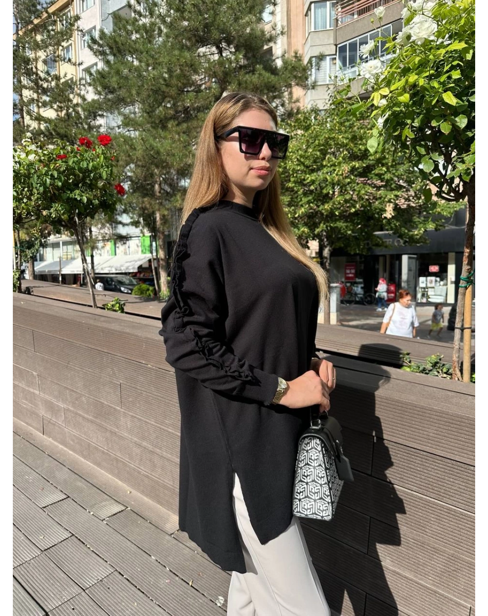 Ghisa 5KPİTNK4593 Siyah Kolu Fırfırlı Triko Tunik