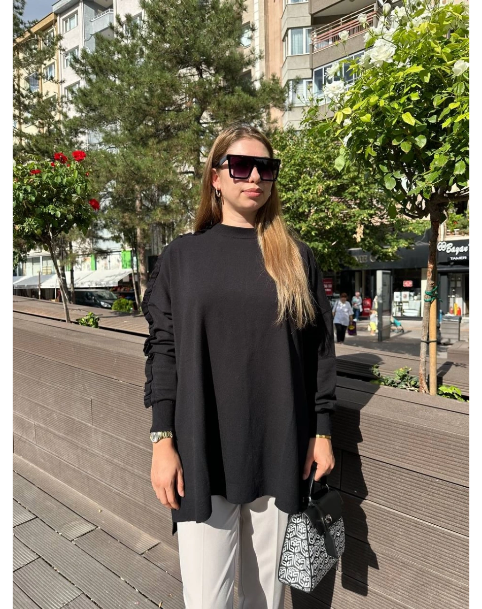 Ghisa 5KPİTNK4593 Siyah Kolu Fırfırlı Triko Tunik