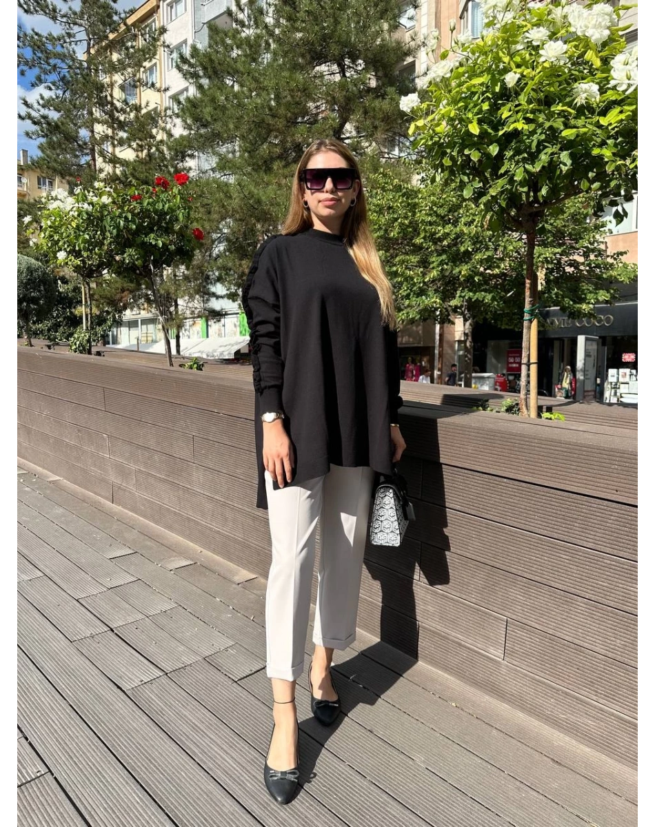 Ghisa 5KPİTNK4593 Siyah Kolu Fırfırlı Triko Tunik