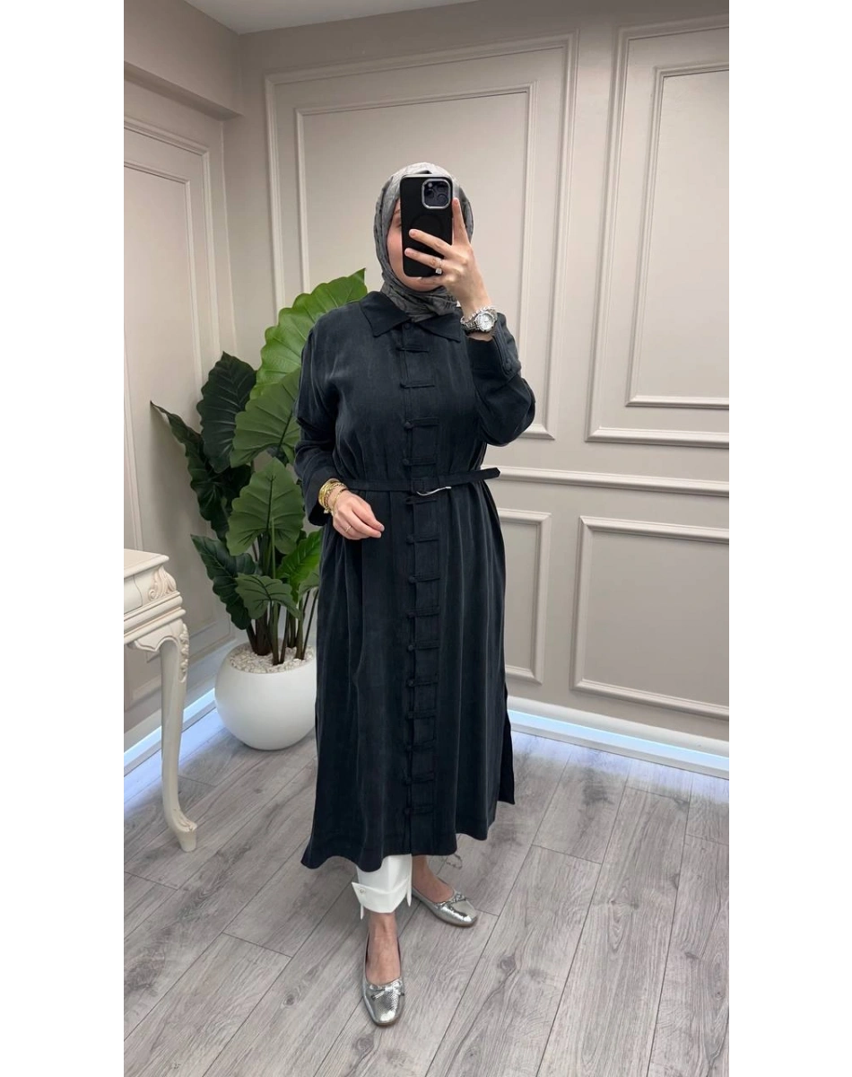 Hilay HLY0126K104.006 Siyah Emosh Brithli Düğmeli Uzun Tunik