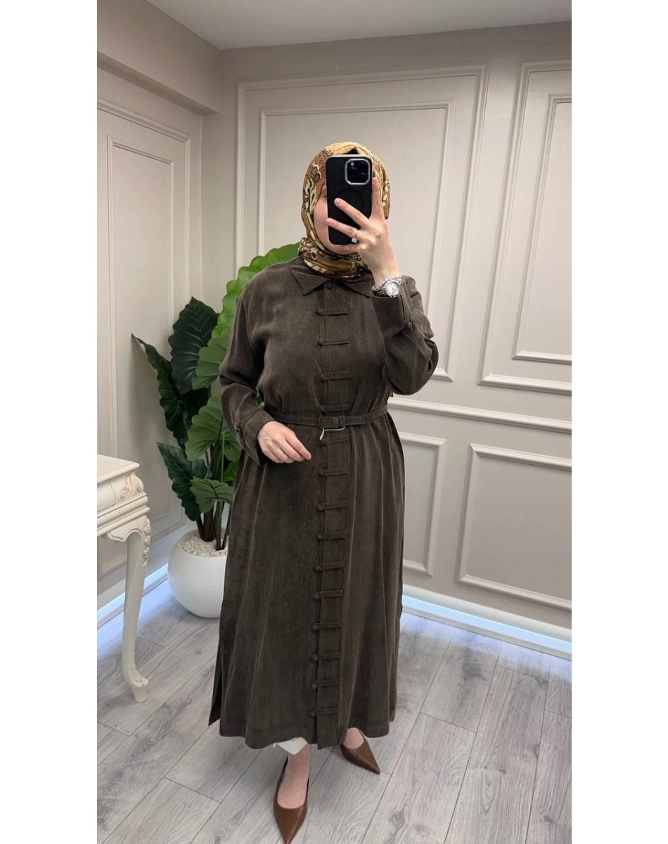 Hilay HLY0126K104.006 Kahve Emosh Brithli Düğmeli Uzun Tunik