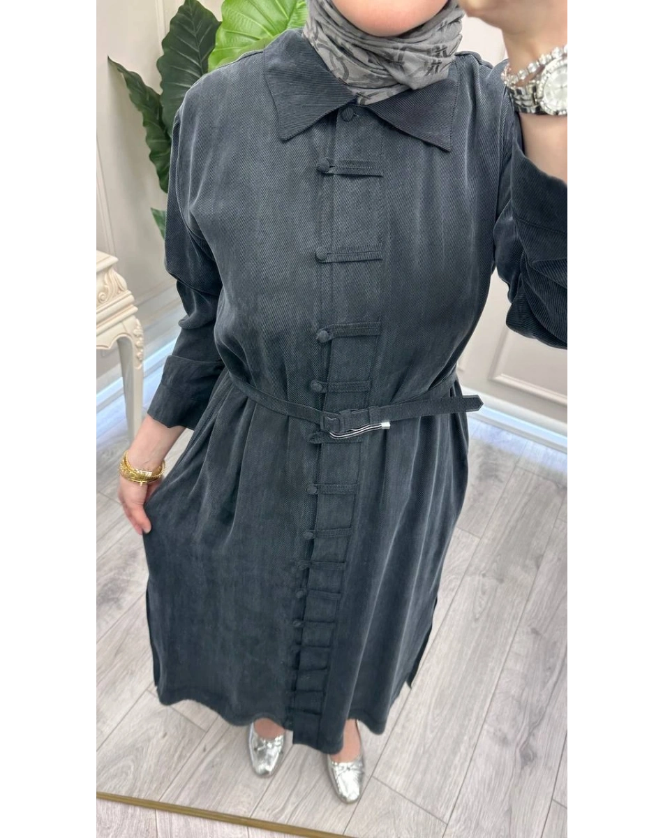 Hilay HLY0126K104.006 Siyah Emosh Brithli Düğmeli Uzun Tunik