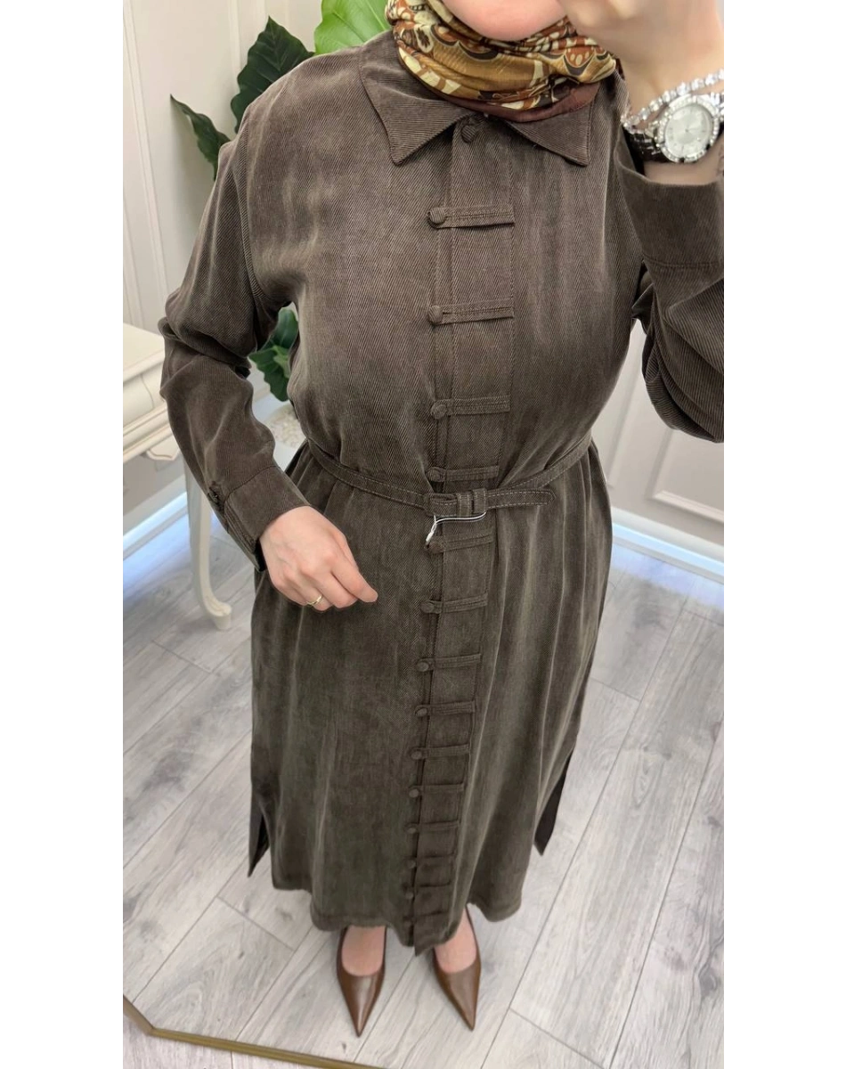 Hilay HLY0126K104.006 Kahve Emosh Brithli Düğmeli Uzun Tunik