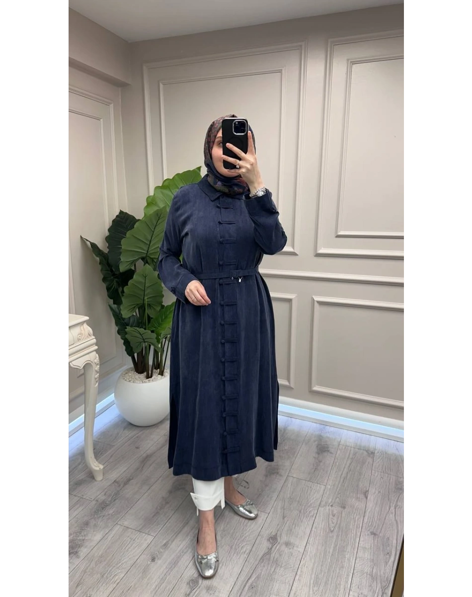 Hilay HLY0126K104.006 Lacivert Emosh Brithli Düğmeli Uzun Tunik