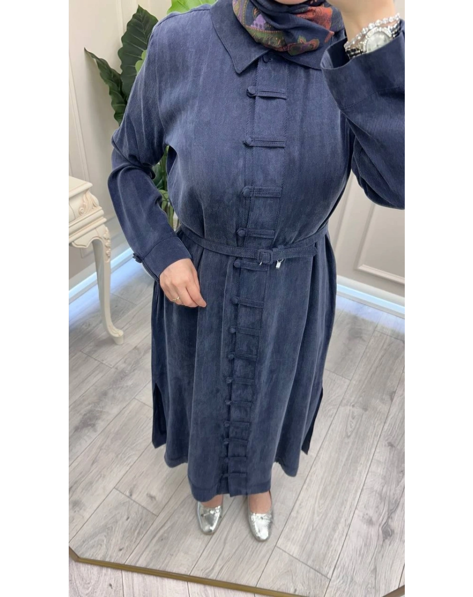 Hilay HLY0126K104.006 Lacivert Emosh Brithli Düğmeli Uzun Tunik