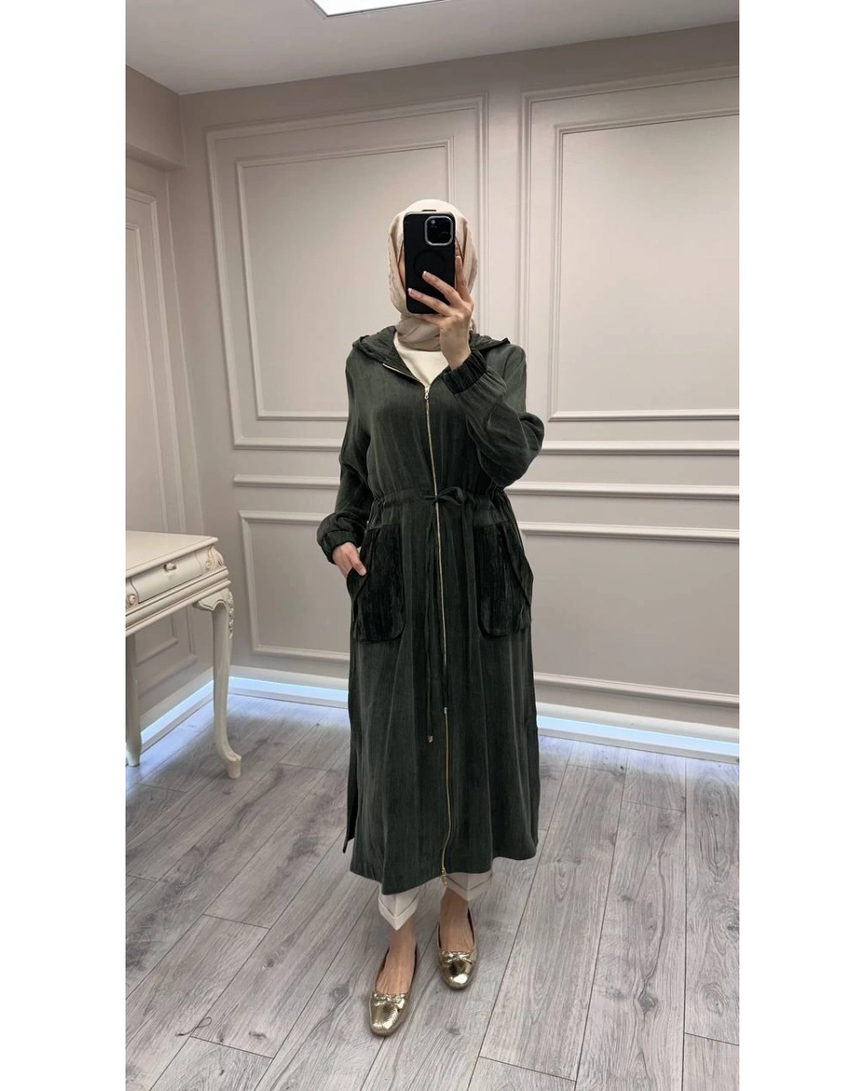 Hilay HLY0126K112.002 Haki Nevada Jakar Garnili Uzun Kap