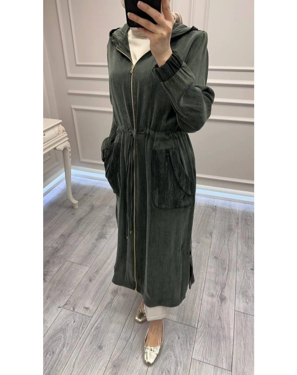 Hilay HLY0126K112.002 Haki Nevada Jakar Garnili Uzun Kap