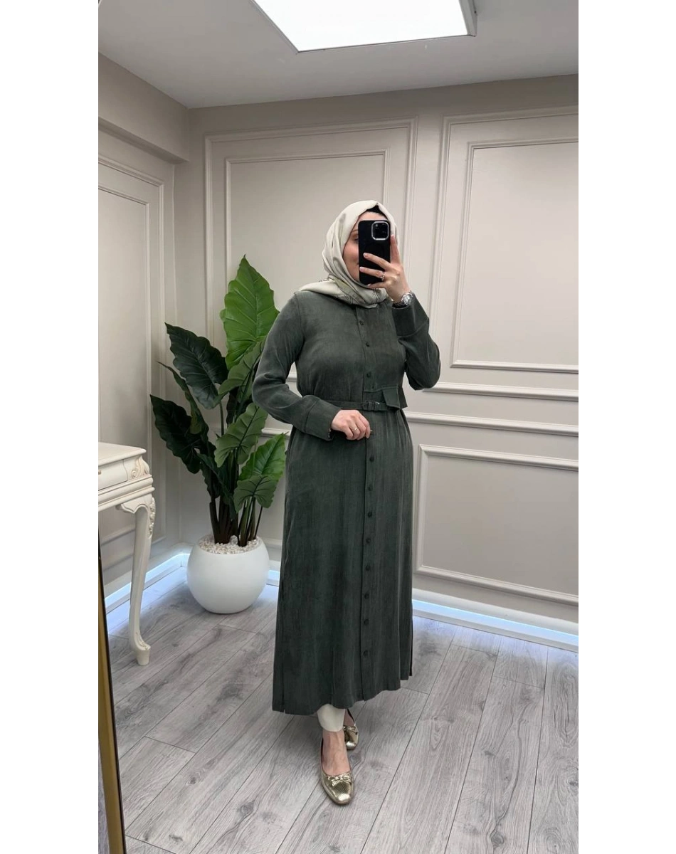 Hilay HLY0126Y104.004 Haki Capri Asimetrik Cepli Uzun Kap