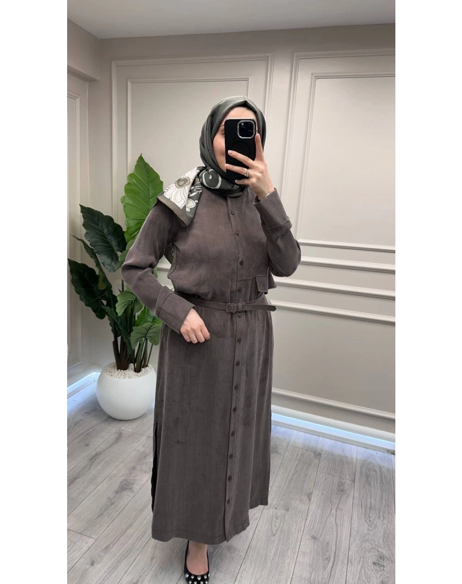 Hilay HLY0126Y104.004 Kahverengi Capri Asimetrik Cepli Uzun Kap